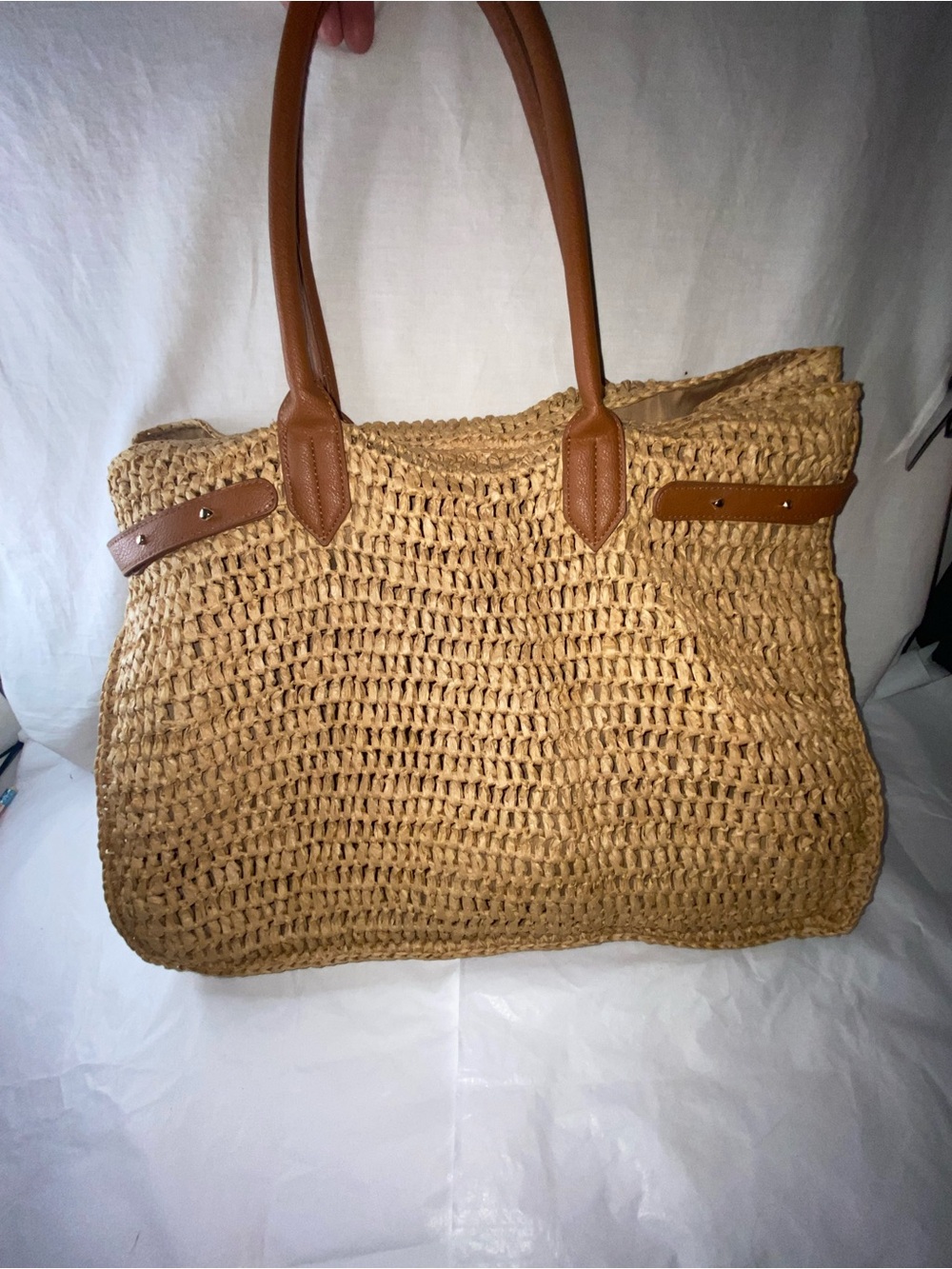 Woven Straw Tote Bag with Brown Faux-Leather Handles